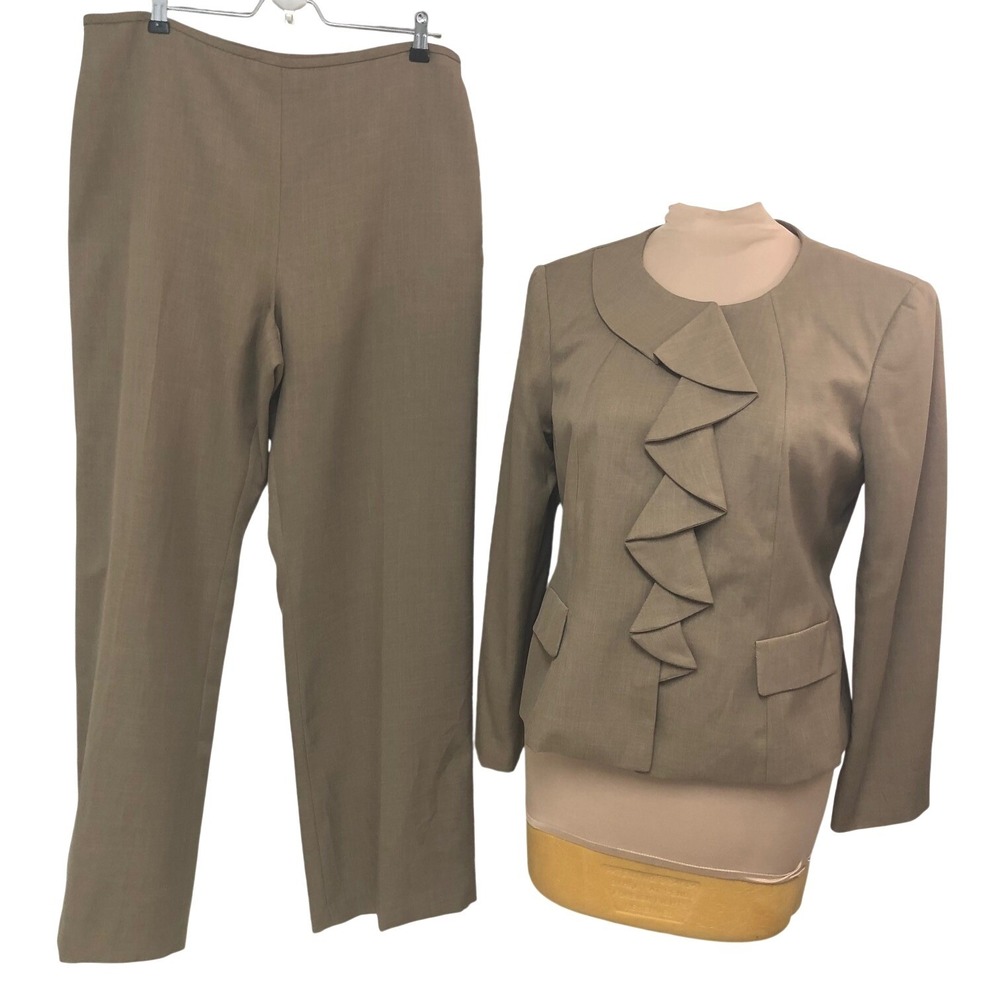 NWT Isabella Pant Suit Ruffle Front Trousers Brown Career Minimalist Womens 14